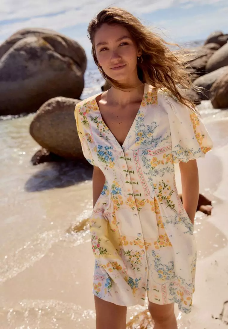 V-Neck Puff Sleeve Mini Dress with Linen