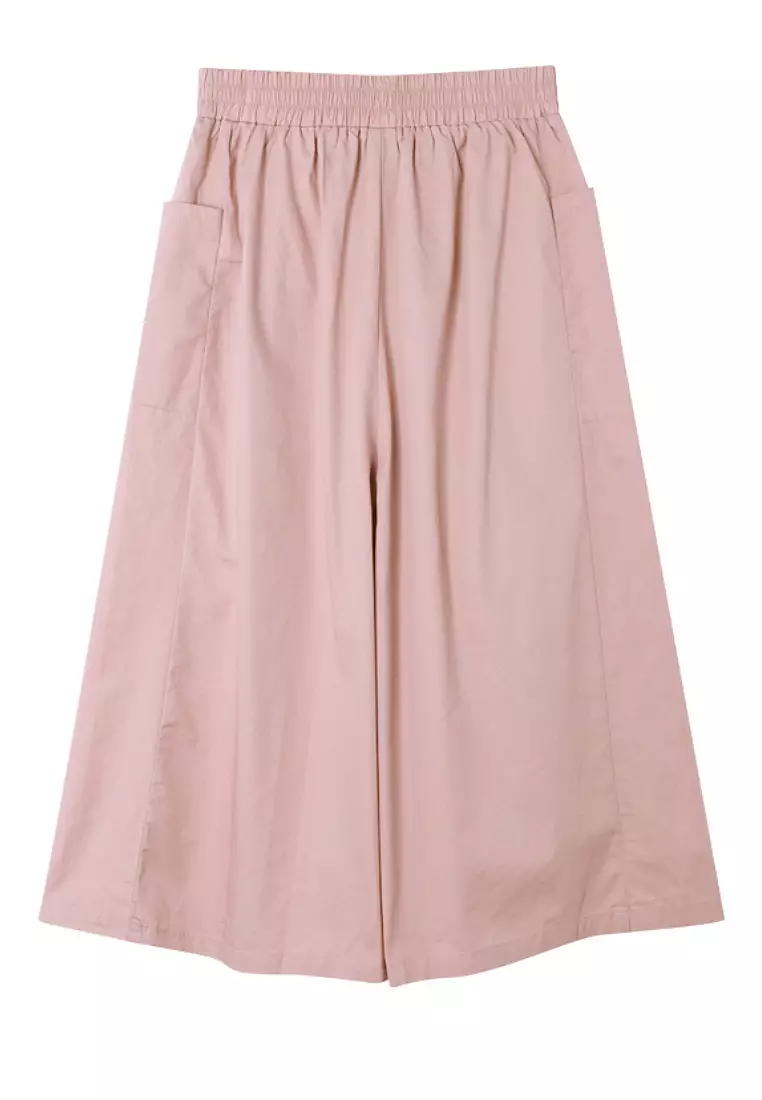 Cotton Elastic Waist Wide-Leg Cropped Trousers [BA3858]
