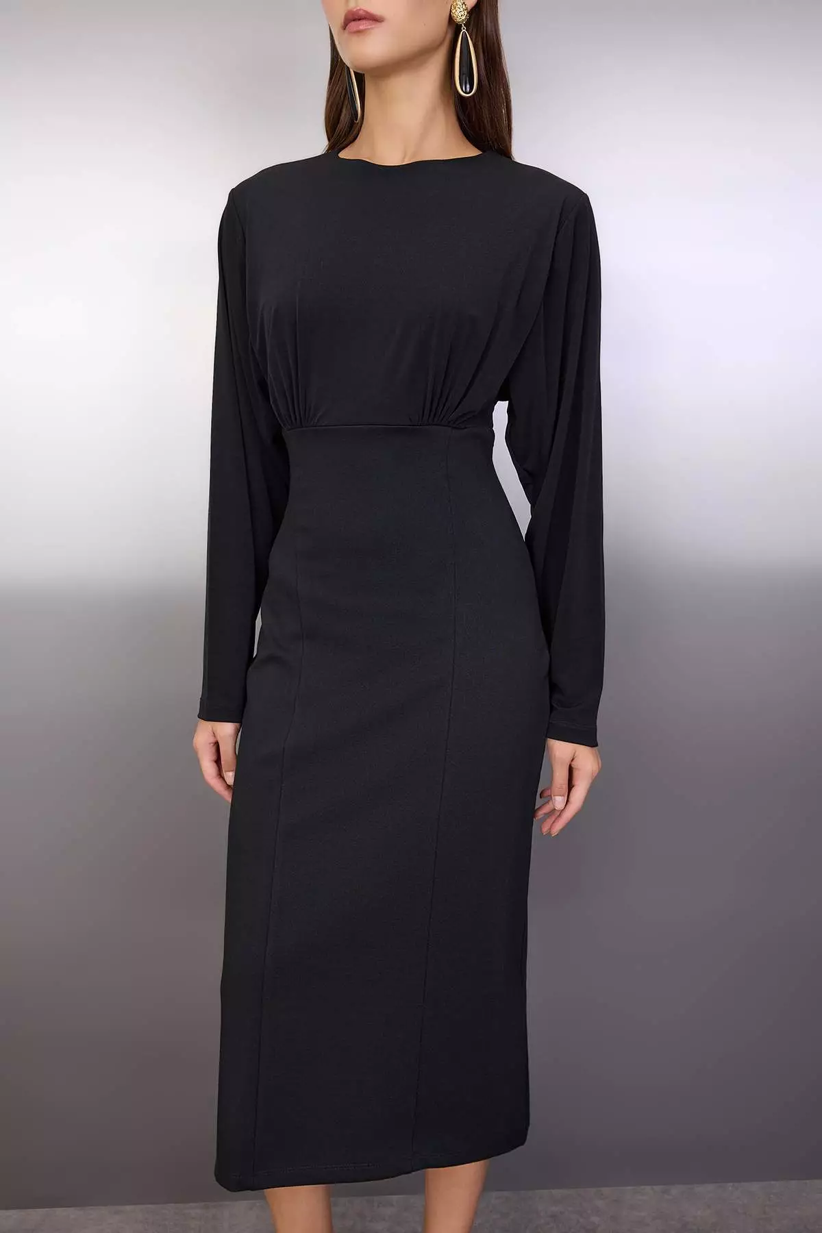 Black Plain Top Flowy Bodycon Midi Knit Dress