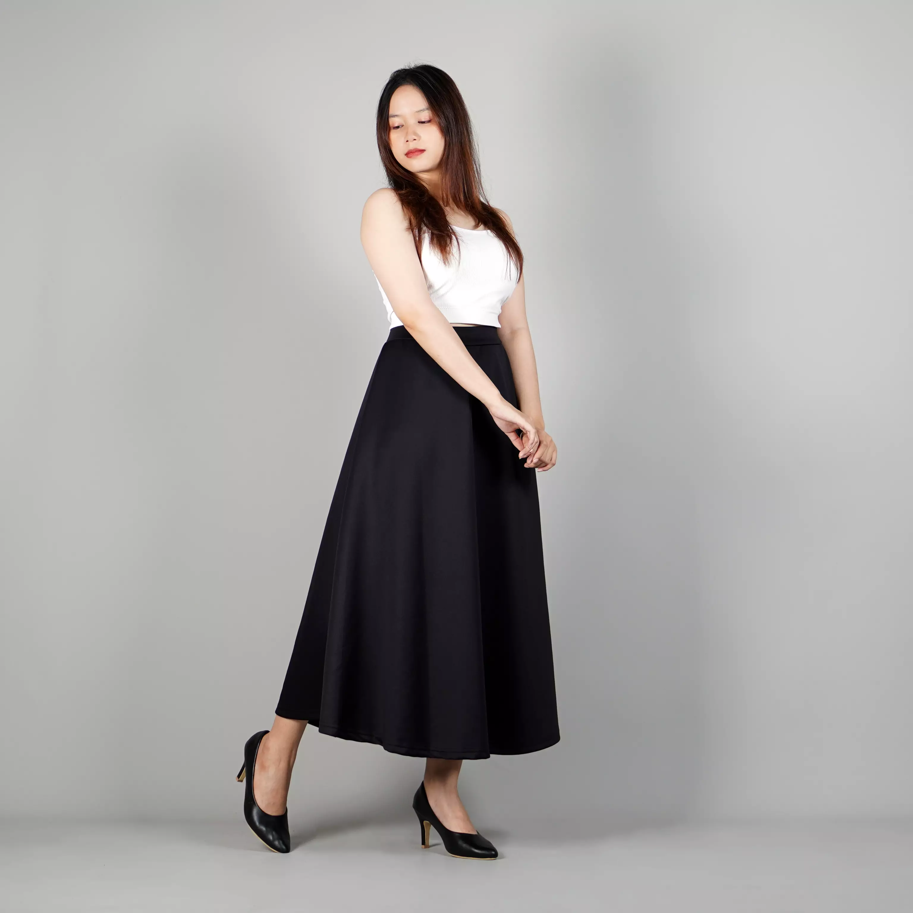 RACHEL Maxi Skirt Rok Maxi Rok Panjang Gaya Korea Flowy Skirt Korean Style - HITAM