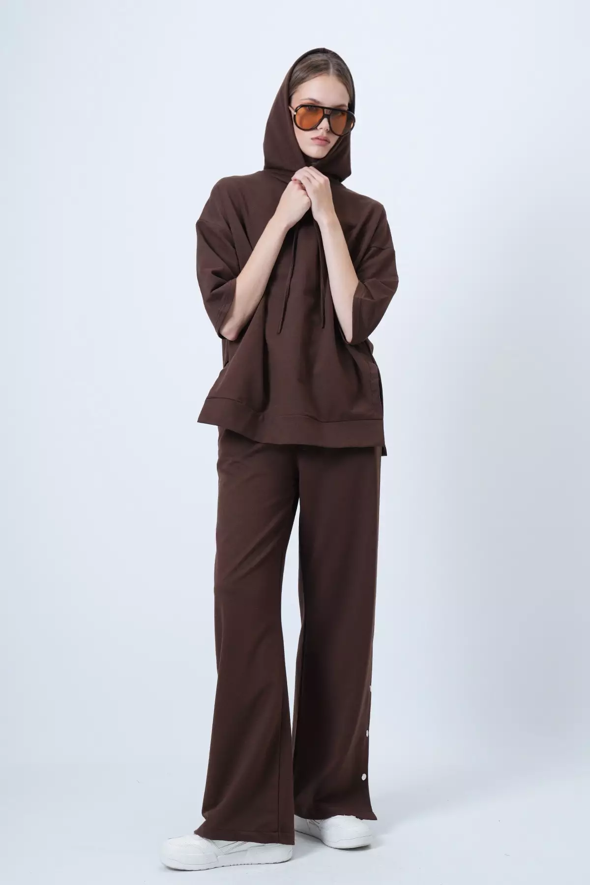 Women'S Brown Hooded Sweatshirt With Side Slits And Wide Leg Pants Set Alc-X14607