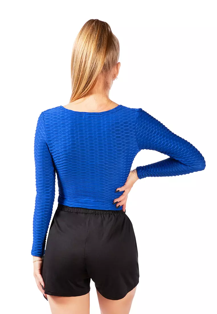 V-Neck Wrap Yoga Crop Top dengan Warna Biru