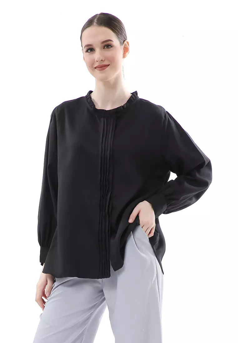 Vionka Kemeja Atasan Wanita Opnaisel Motif Polos - Black