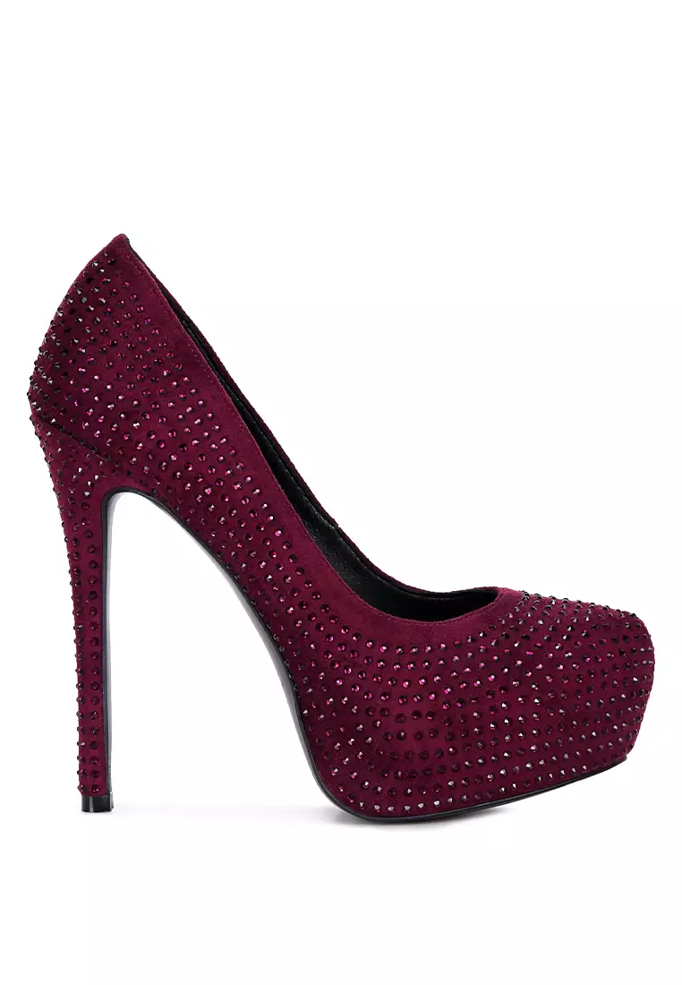 Discount on London Rag  shoes - SKU: Burgundy Diamante Faux Suede High Heeled Pumps