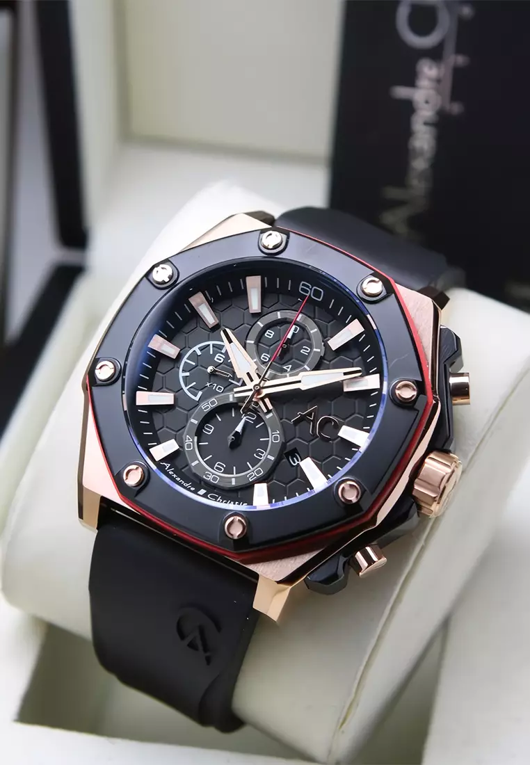 Alexandre Christie - Jam Tangan Chronograph Pria - Rosegold - Black Rubber Strap - 9601MCRBRBA
