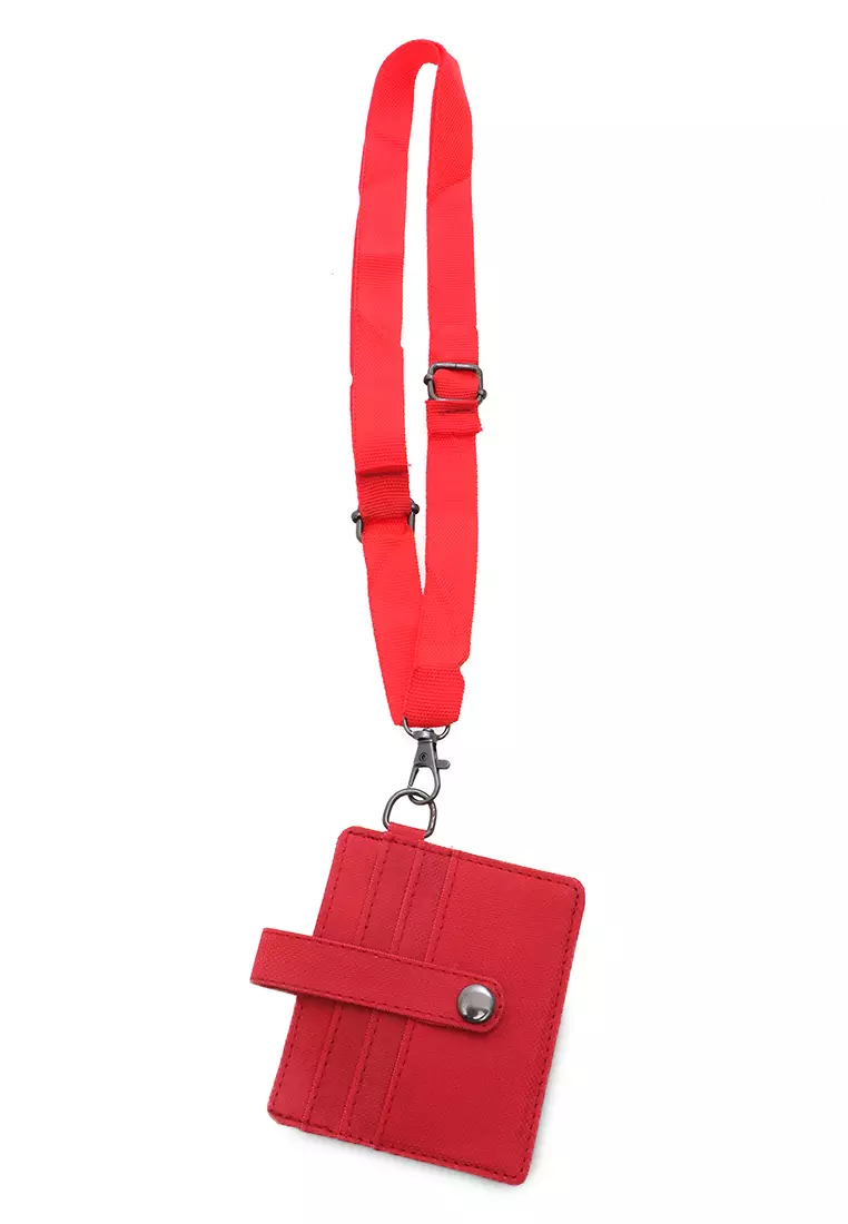 Hanging Neck Dompet Kartu 4 Slot Free Tali Gantung Motif Polos Holder Wallet Unisex - Merah