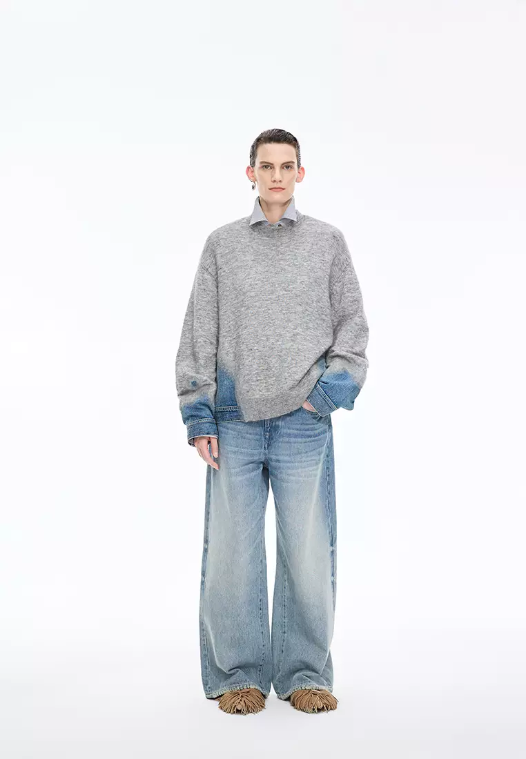 Sweater / Oversized Knitted Denim Panel Pullover