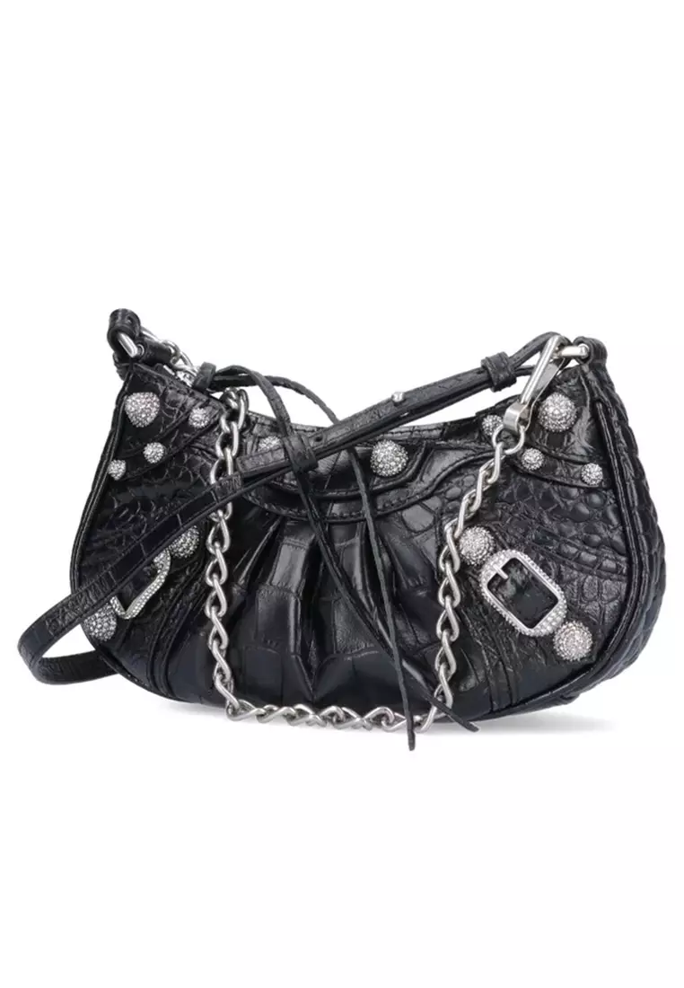 Women's Le Cagole Mini Bag With Chain Crocodile Embossed With Rhinestones  in Black