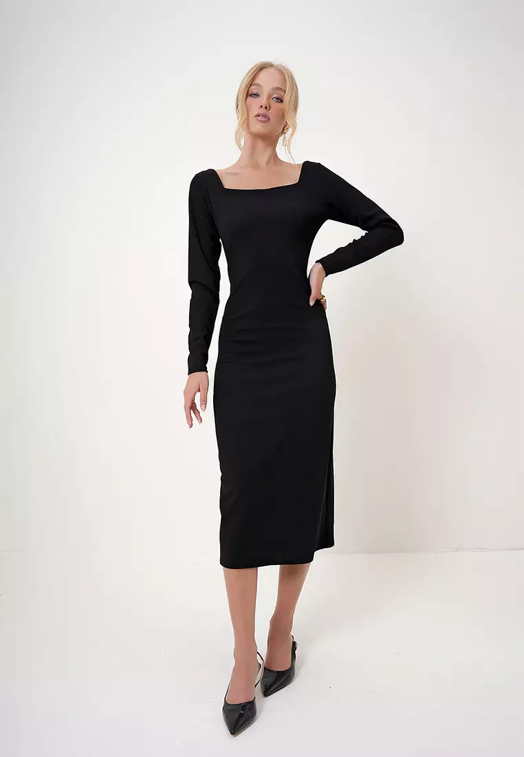 Women's Black Square Neck Midi Length Zippered Crepe Knit Dress Alc-X12785