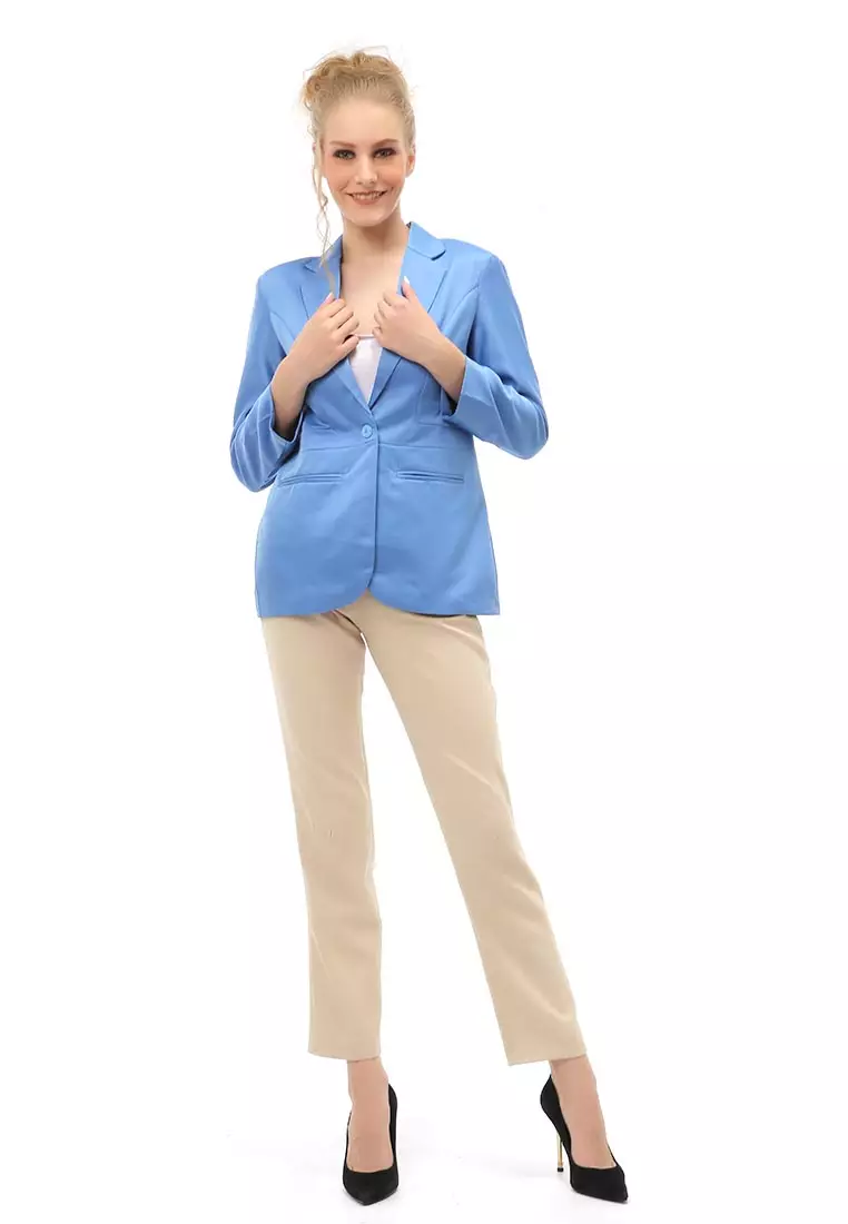 Qemsya Outer Blazer Kasual Formal Wanita Lengan Panjang Material Wool Twist ORIGINAL - Soft Blue