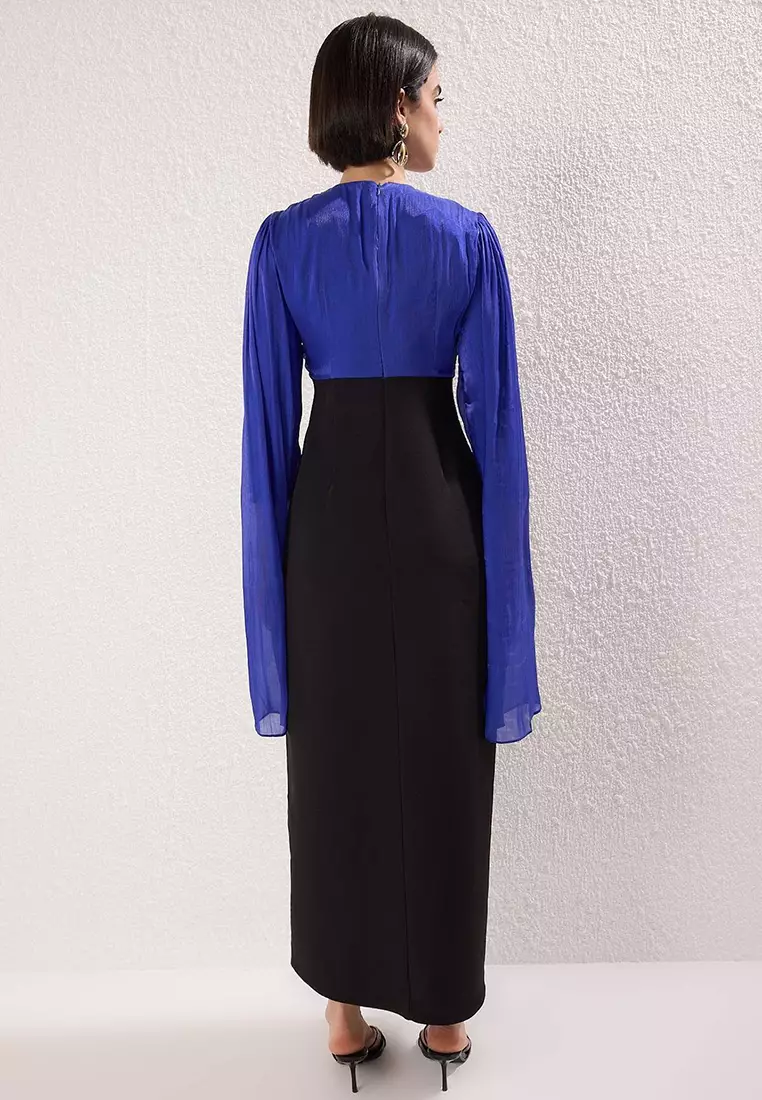 Navy Blue Glitter Color Block Special Day Woven Evening Dress TCTSS25DB00022