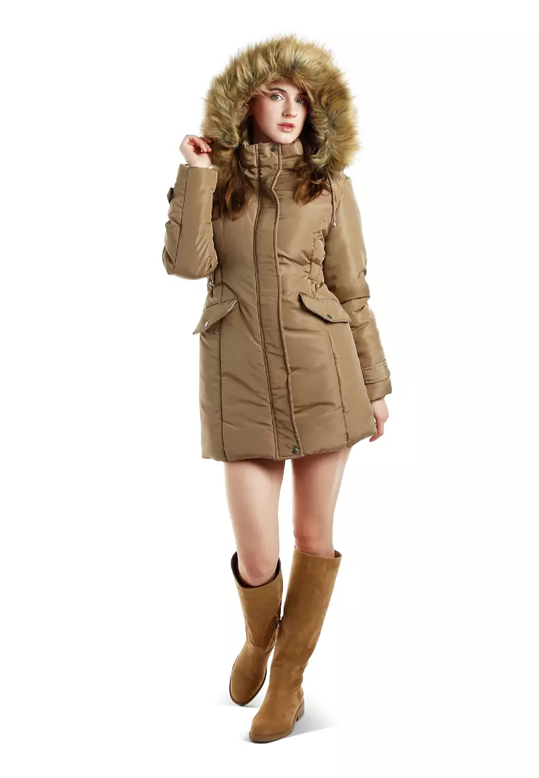 Faux Fur Collar Long Puffer Jacket in Beige