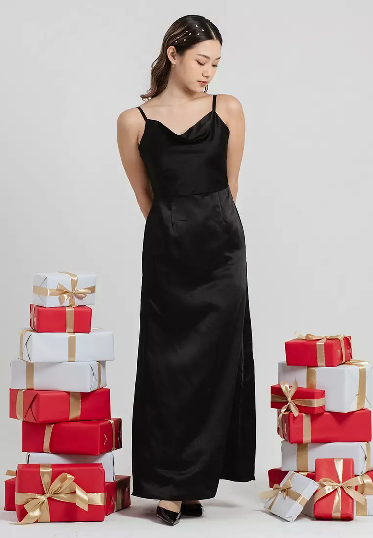Cowl Neck Backless Maxi Dress in Black