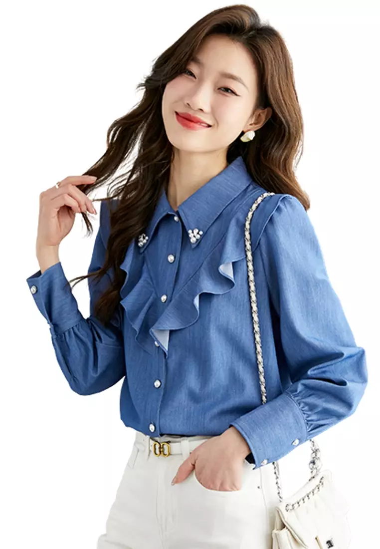 Blue ruffle blouse discount