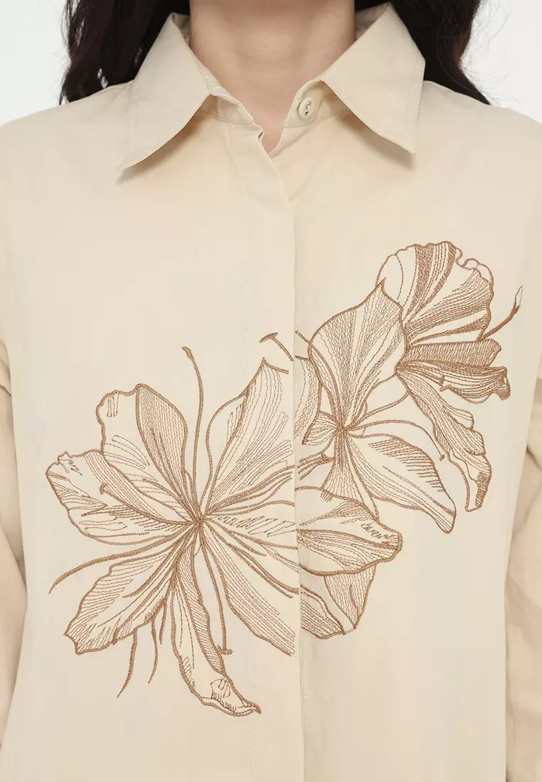 Kemeja Blouse Wanita Katun Bordir Bunga Warna Cream – Outfit Elegan untuk Kerja & Acara By Brilliant Girl Warna CREAM