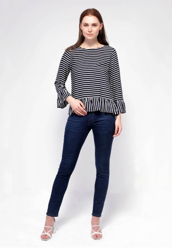 nicole blue nicole-Round Neck Striped Top with Flared Sleeve & Hem F0FC4AACE0D800GS_1