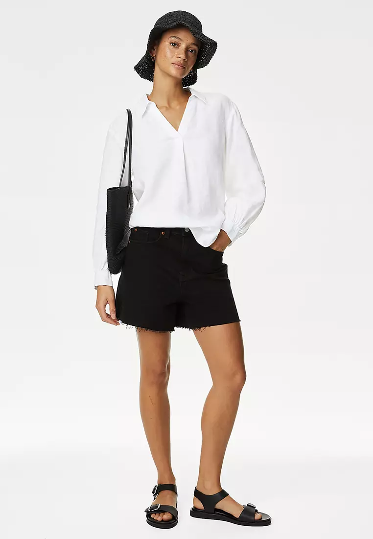 Pure Linen Collared Popover Blouse