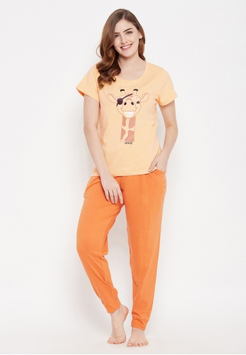 Clovia orange Clovia Giraffe Emoji Print Top & Solid Jogger Set in Peach Colour - 100% Cotton E3F33AAFA102E7GS_1