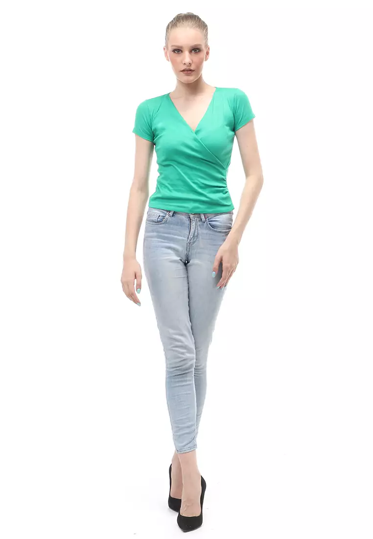 Blouse Atasan Wanita Short Sleeves Kerah V-neck Design Simple Elegant - Green