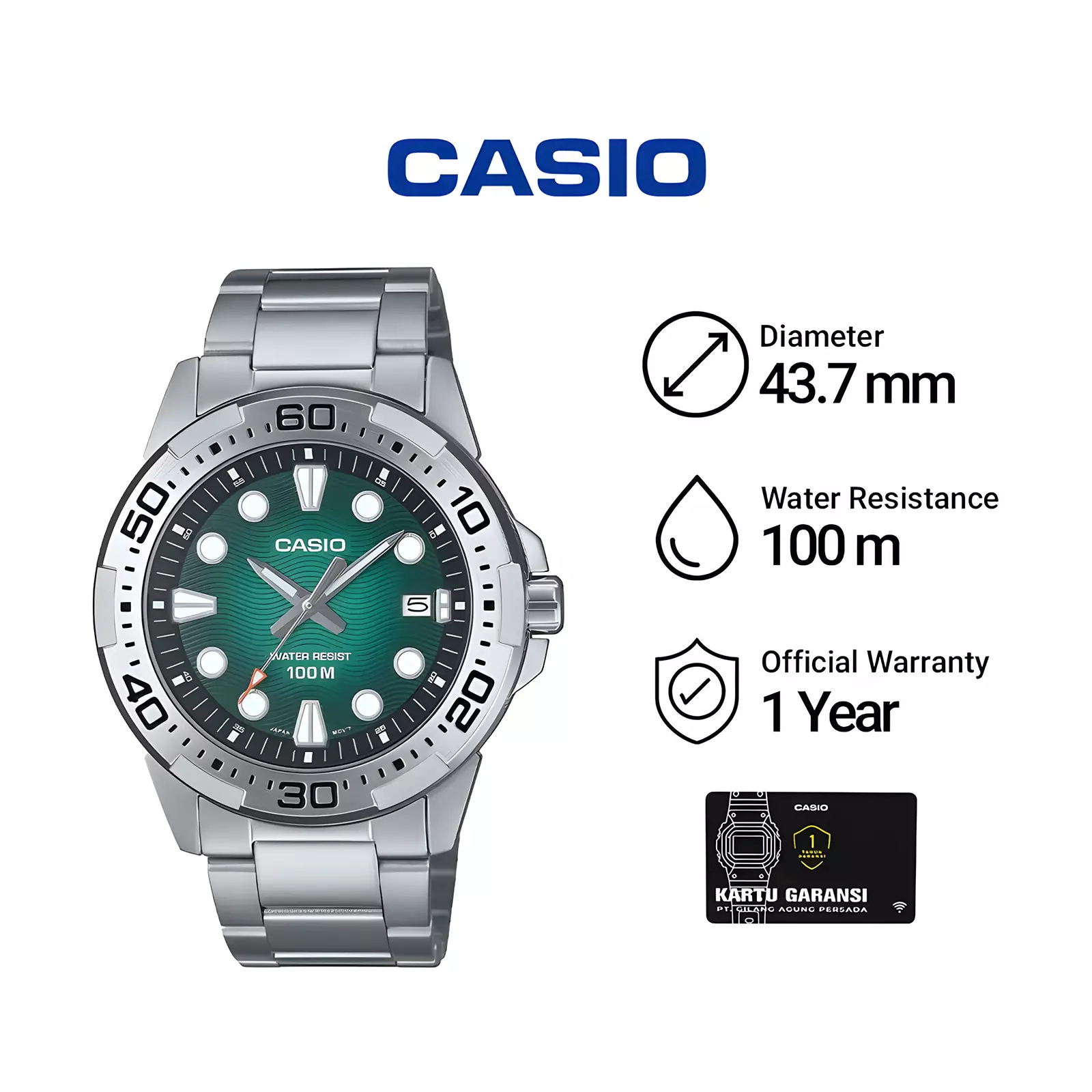 Jam Tangan Pria Casio MTD-140D-3A Marine Sports Green Dial Stainless Steel Band Watches