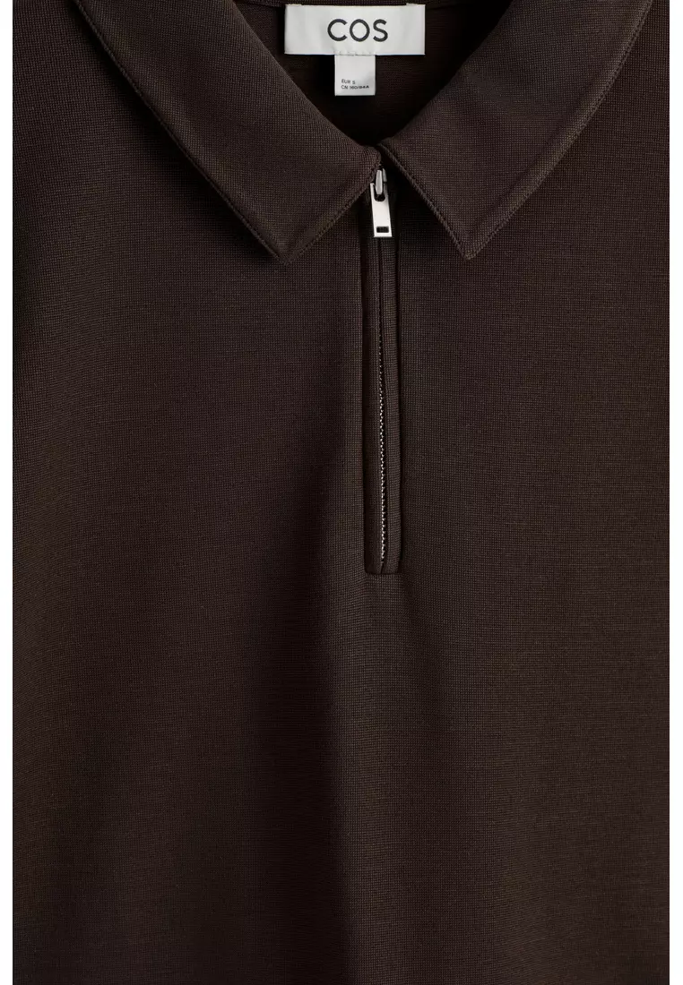 GATHERED JERSEY ZIPPED POLO TOP
