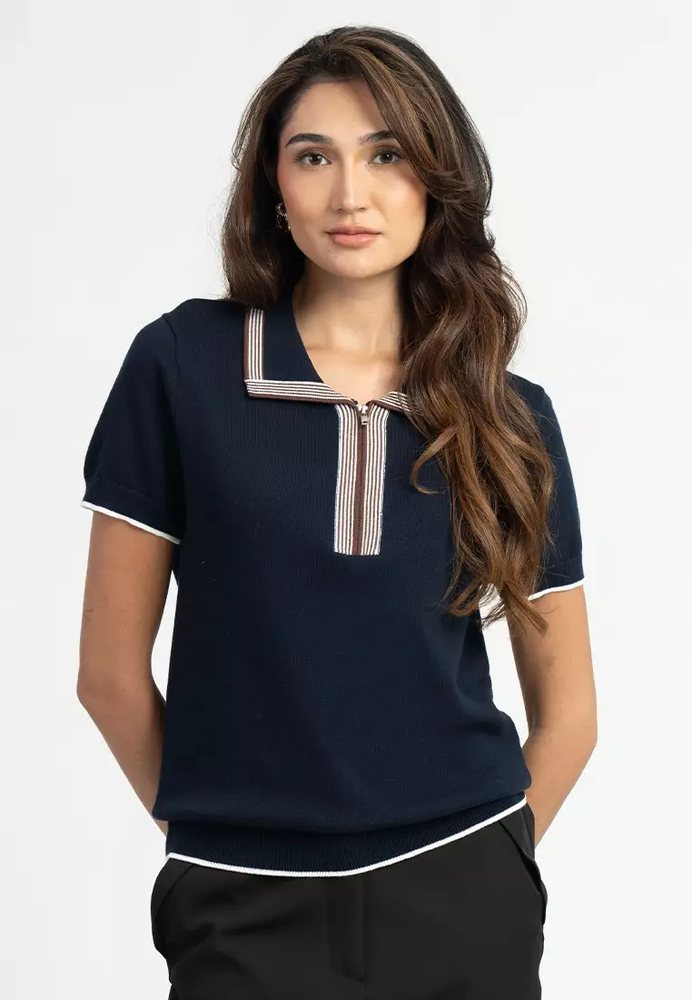 Isabella Knit Polo Striped Zip Top