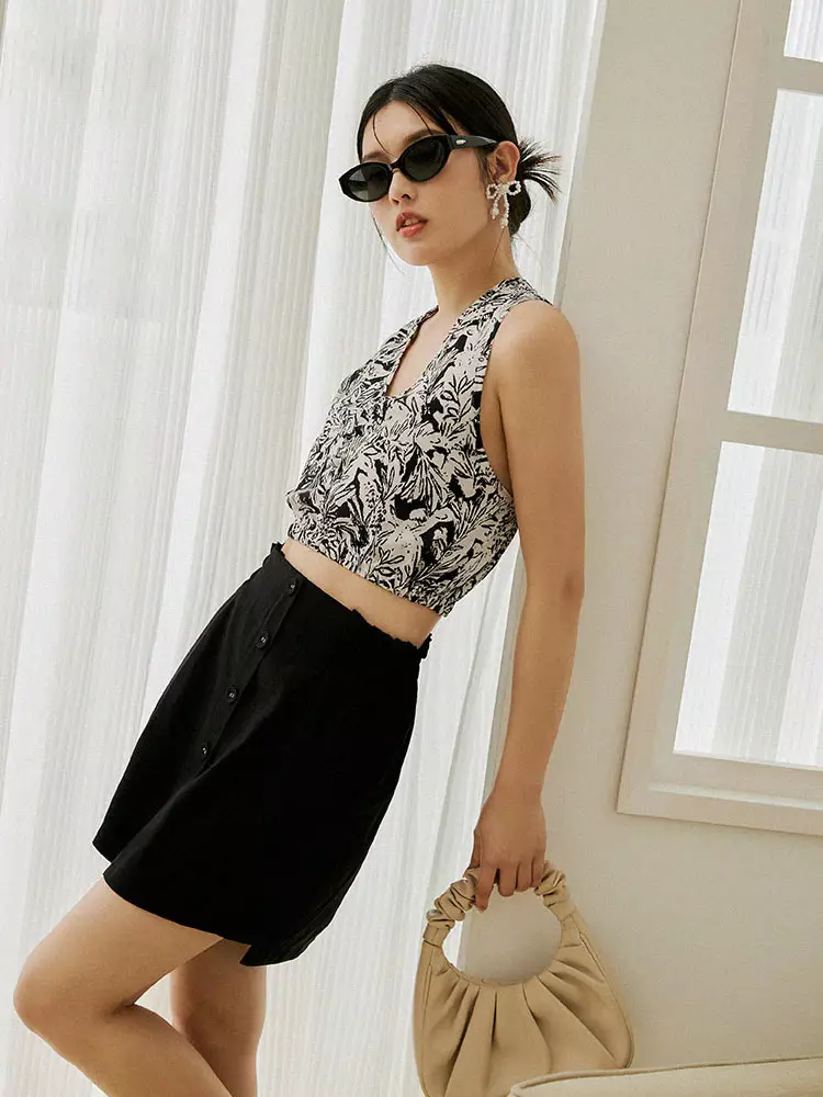 Buy OBSTYLE Vacation Print Deep V-Neck Backless Tie-Back Tank Top