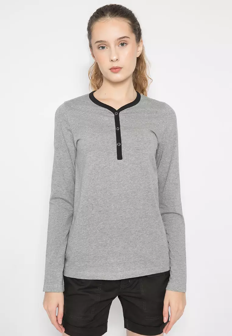 LGS Kaos Wanita Lengan Panjang Slim Fit Abu List Hitam Neck Size