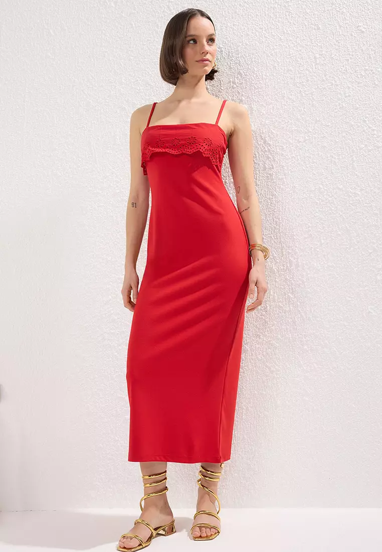 Red Embroidered Detailed Bodycone/Fits The Body Midi Knit Dress Twoss25El00356