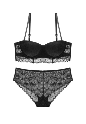 ZITIQUE black Women's American Style Lace-trimmed Demi-cup Underwire Thick Pad Lingerie Set (Bra And Underwear) - Black 125C4USD8501BAGS_1