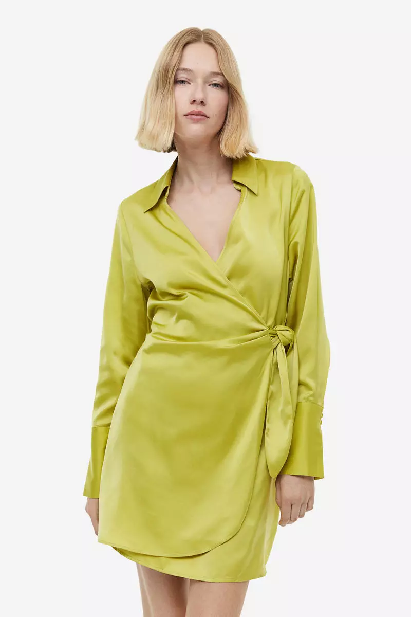 h&m yellow satin dress H&M buttermilk yellow crinkled satin dress with