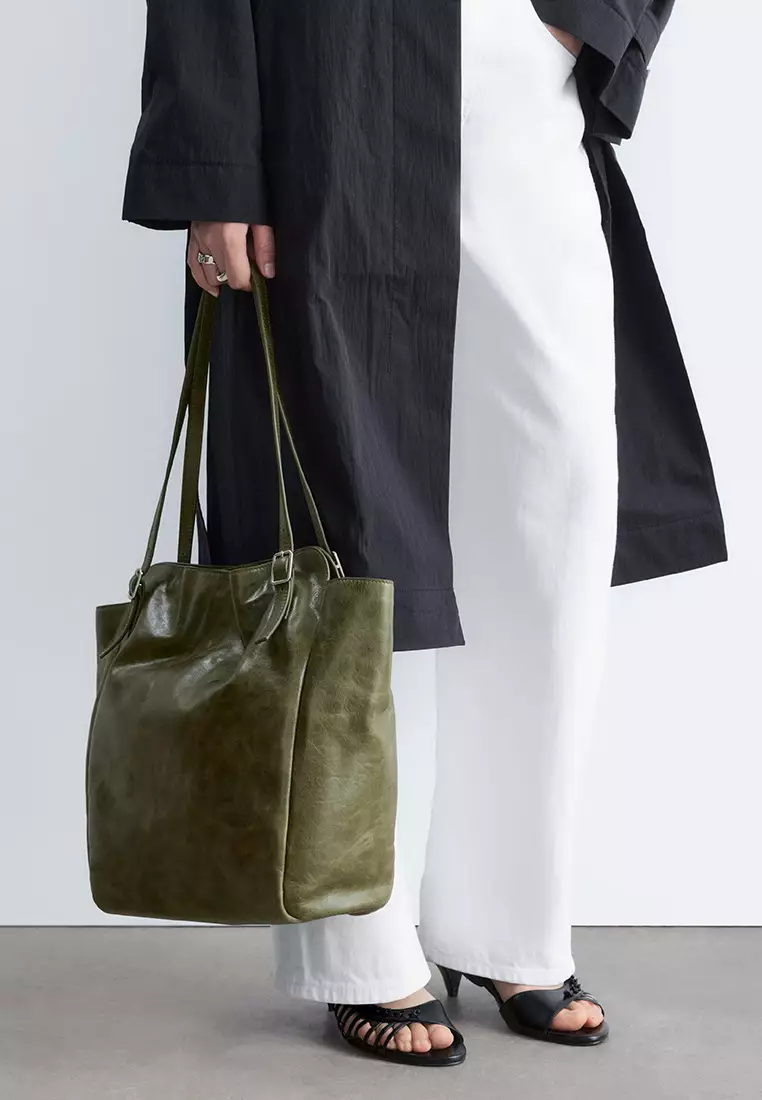 Buckle-Strap Leather Tote Bag