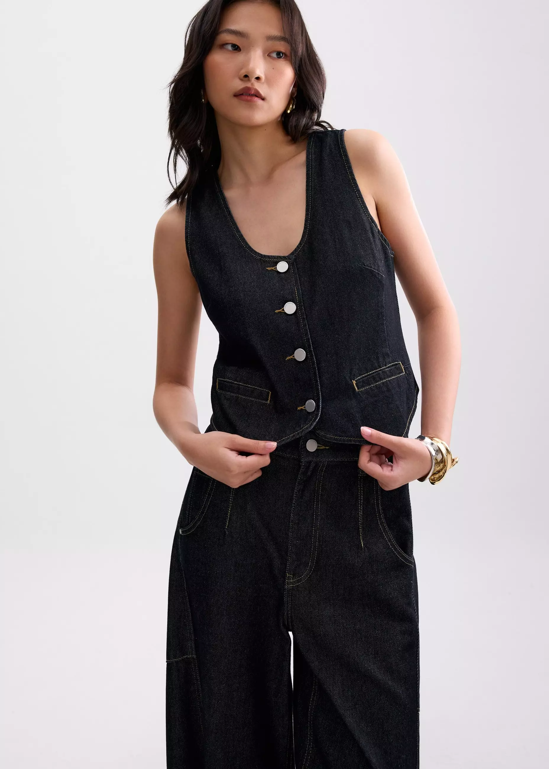 Vest Wanita - Relaxed Denim Scoop Neck Tailored Vest
