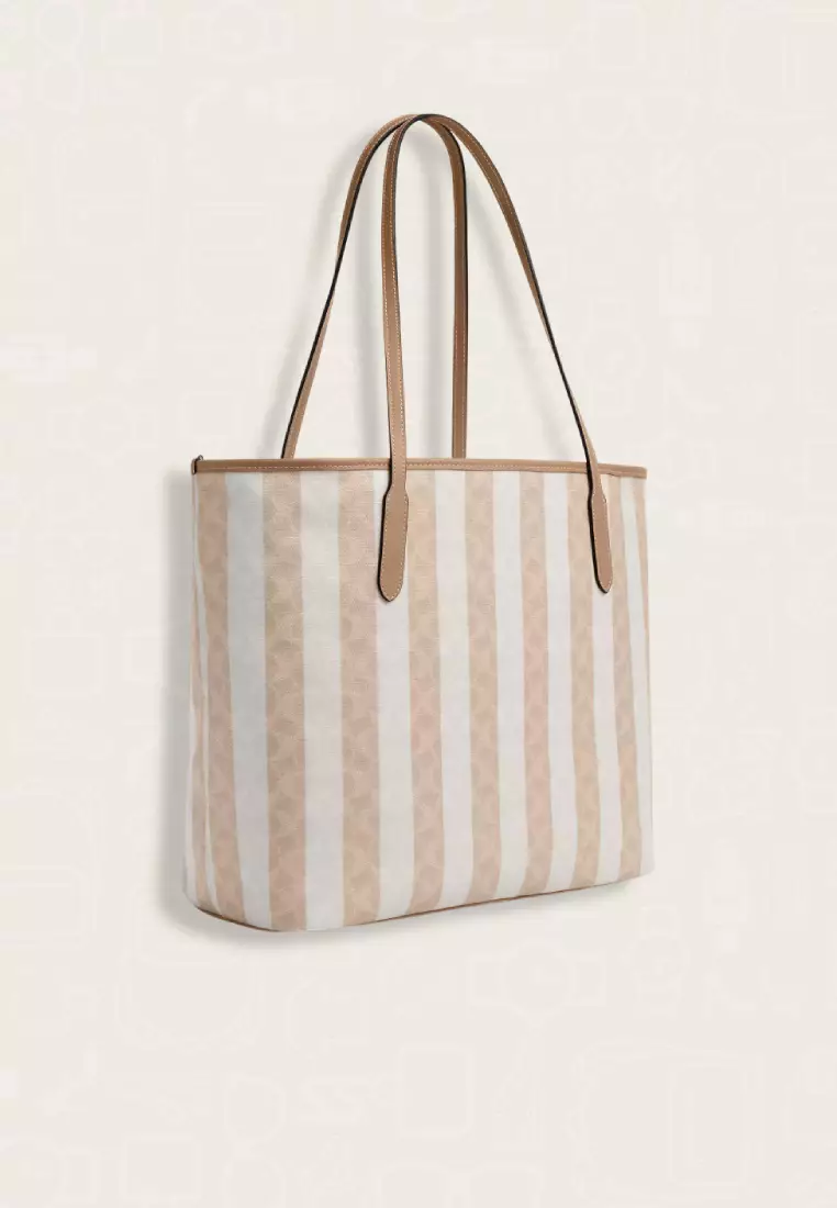 Coach Large City Tote Bag In Signature Canvas With Stripe Sand Tan