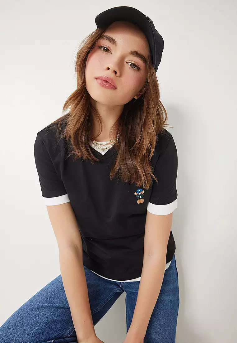 Teddy Bear Embroidered Cotton Knit T-Shirt