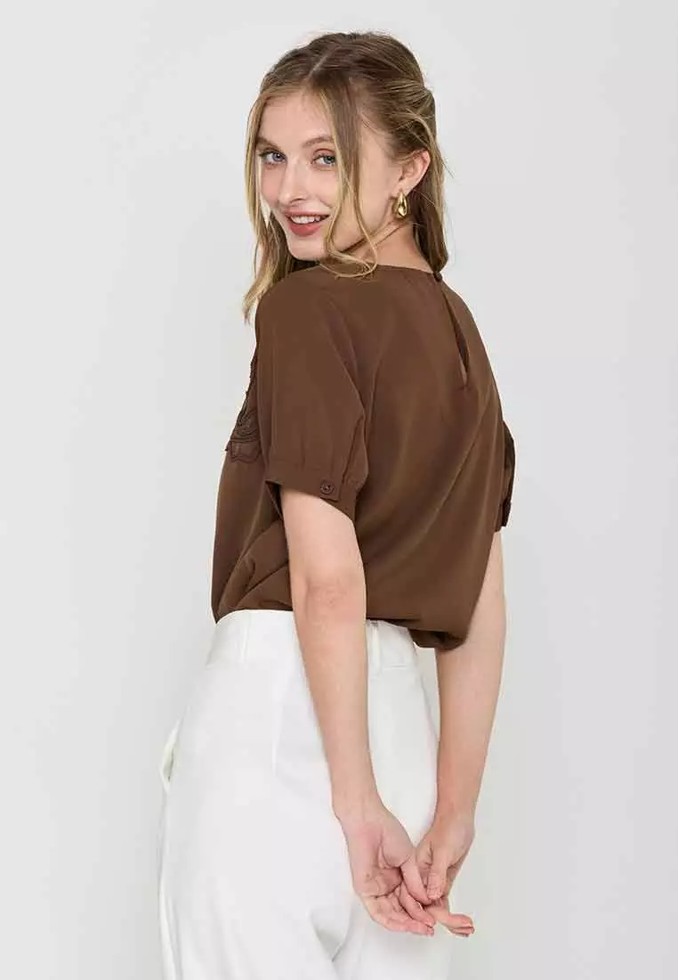 Amelie Round Neck Top with Flower Embroidery