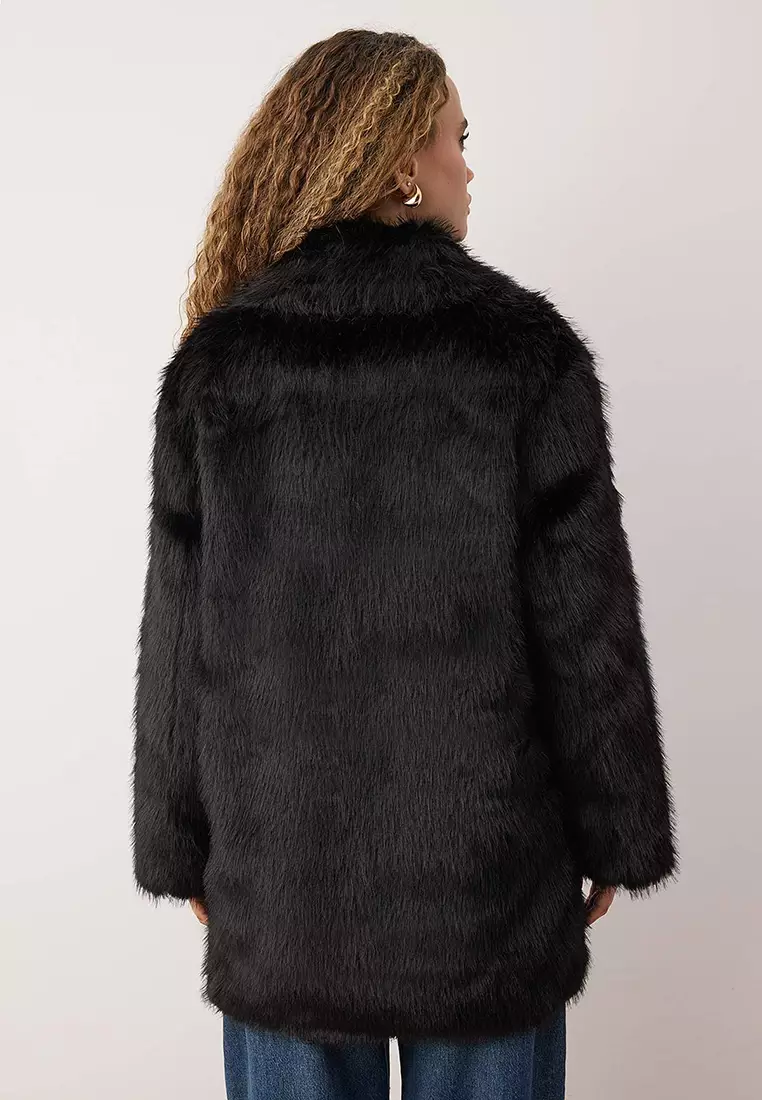 Black Fur Mono Closure Oversize Midi Coat Twoaw26Kb6