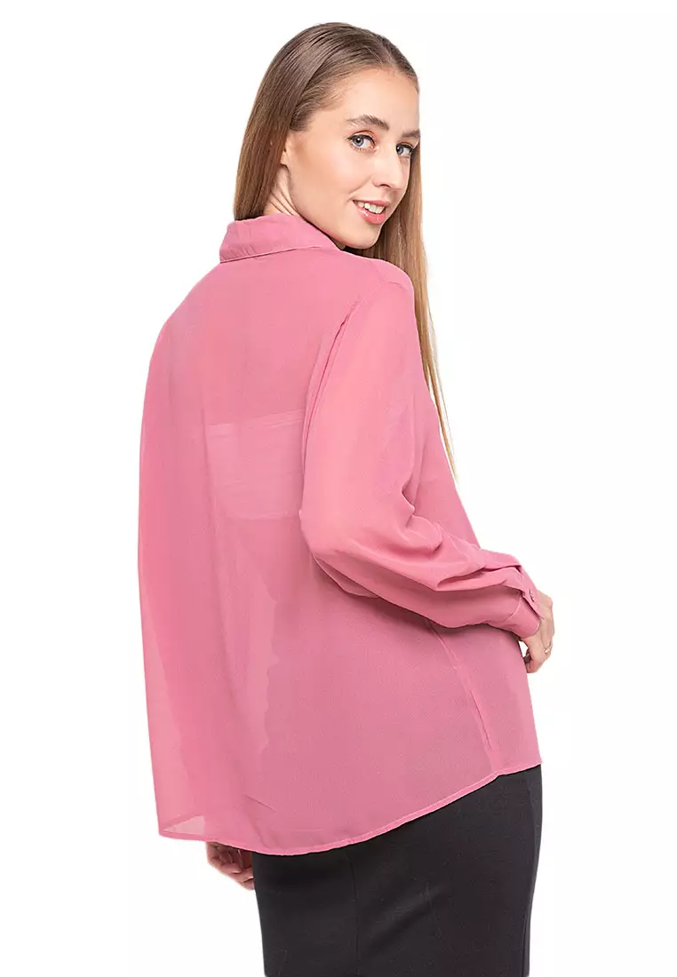 Calder Kemeja Atasan Transparan Front Button Opening Design Simple Plain Shirt Wanita - Pink
