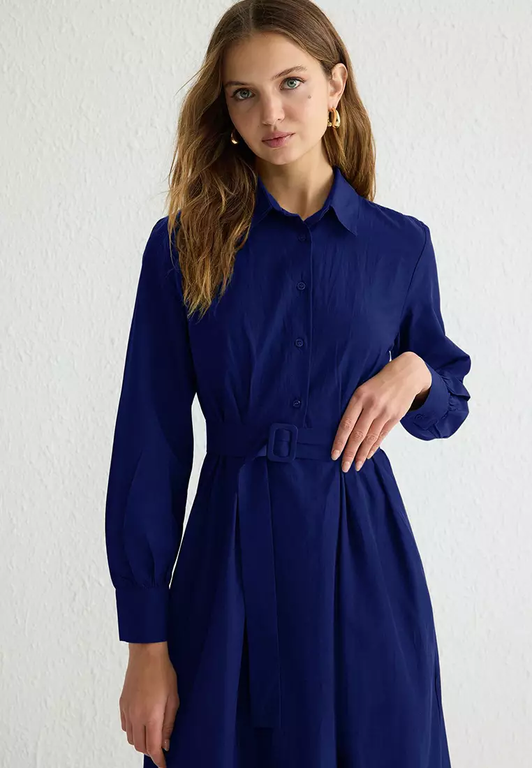 Saxe Shirt Collar Fabric Belted Woven Dress Tctss25Eb00006