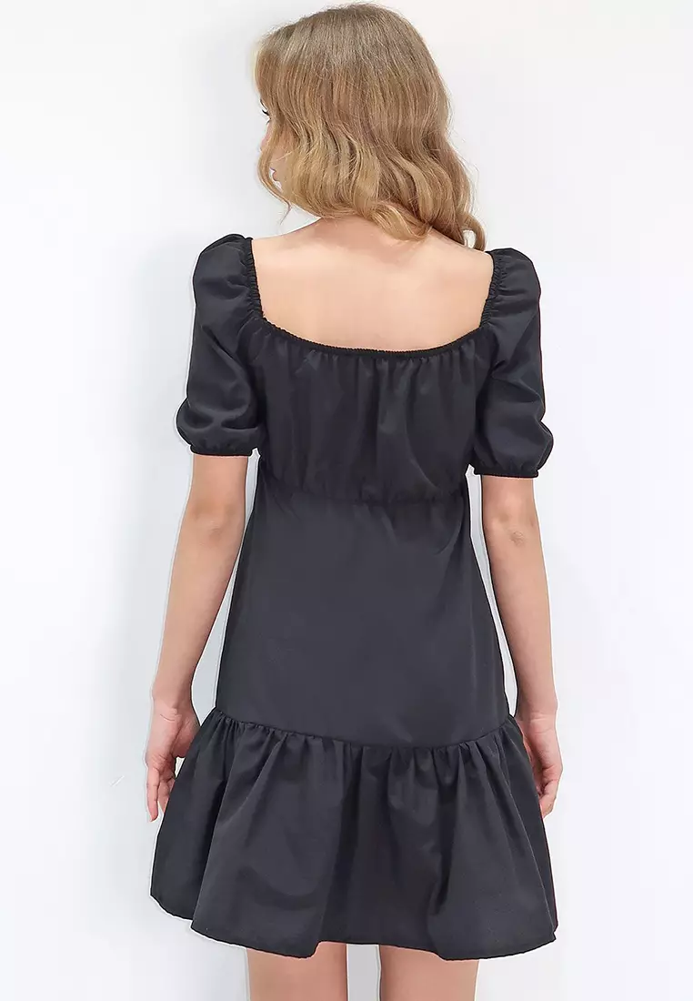 Women's Black Square Neck Balloon Sleeve Poplin Mini Dress Alc-X13594