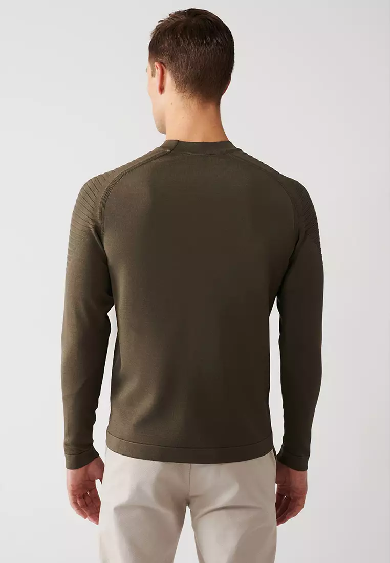 Men's Khaki Crew Neck Rayon Knitwear Sweater A32Y5006