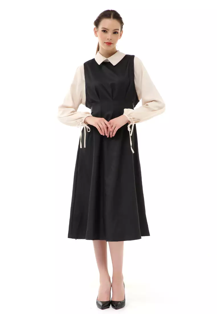 Rachel Midi Dress Wanita Slim Waist Lengan Karet Kombinasi Warna Material Cotton ORIGINAL - Black