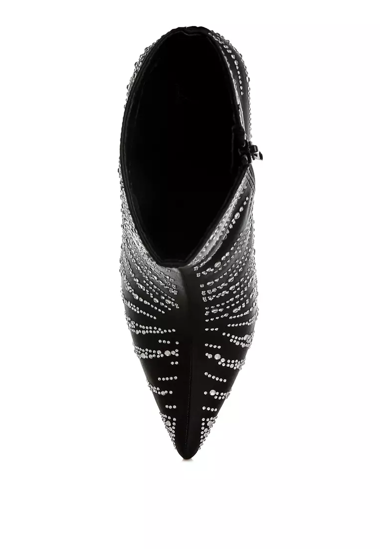 Sepatu Bot Pesta Satin Rhinestone Ankle Warna Hitam