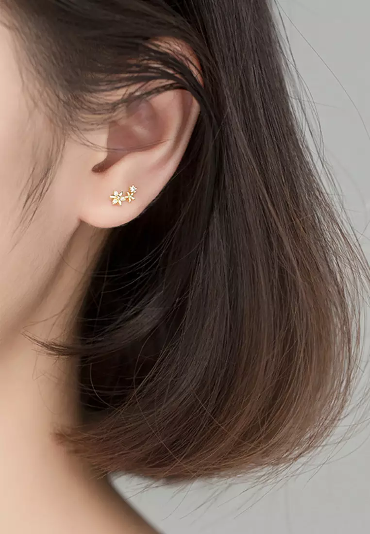 925 Silver Plated Gold Zircon Floral Asymmetric Earrings JW AR-G6378