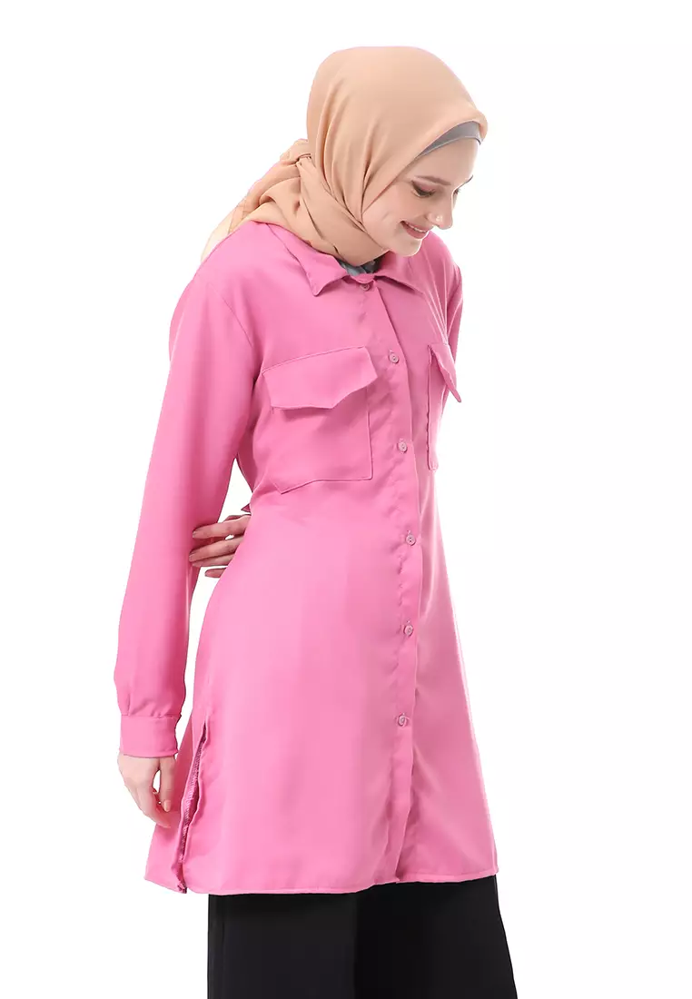 Babyla Long Tunik Pakaian Atasan Muslimah Wanita Motif Polos - Dusty