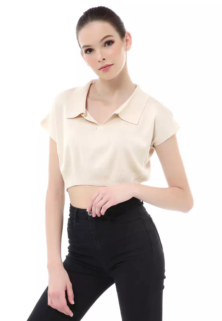 Albertine Atasan Crop Wanita Lengan Pendek Blouse Kerah Material Rajut ORIGINAL - Cream