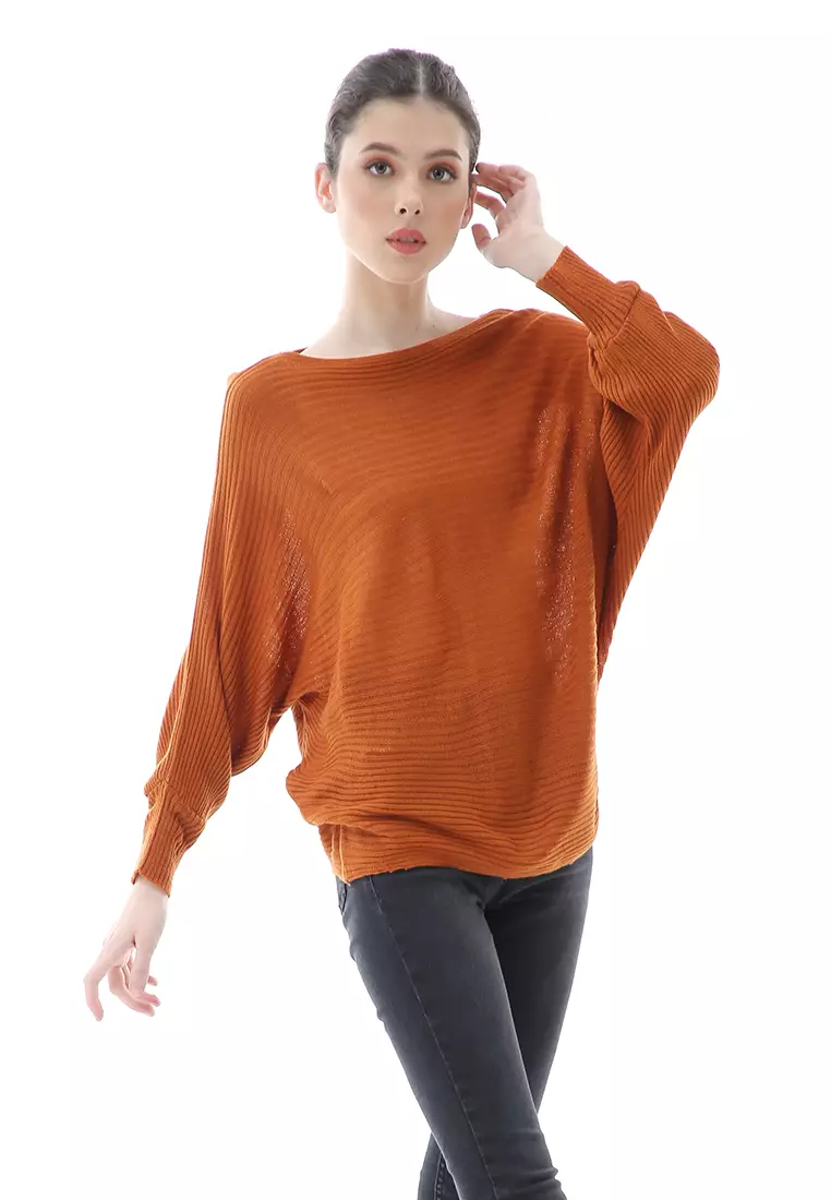 Eveline Sweater Rajut Batwing Atasan Wanita Motif Polos High Quality - Coral