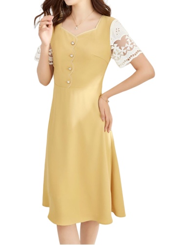 OUNIXUE yellow Vintage Square Neck Lace Jumper Dress 65576AA920ECE7GS_1