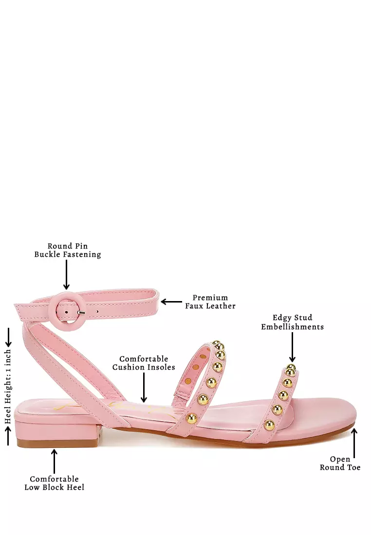 Studded Ankle Strap Flat Sandals in Pink