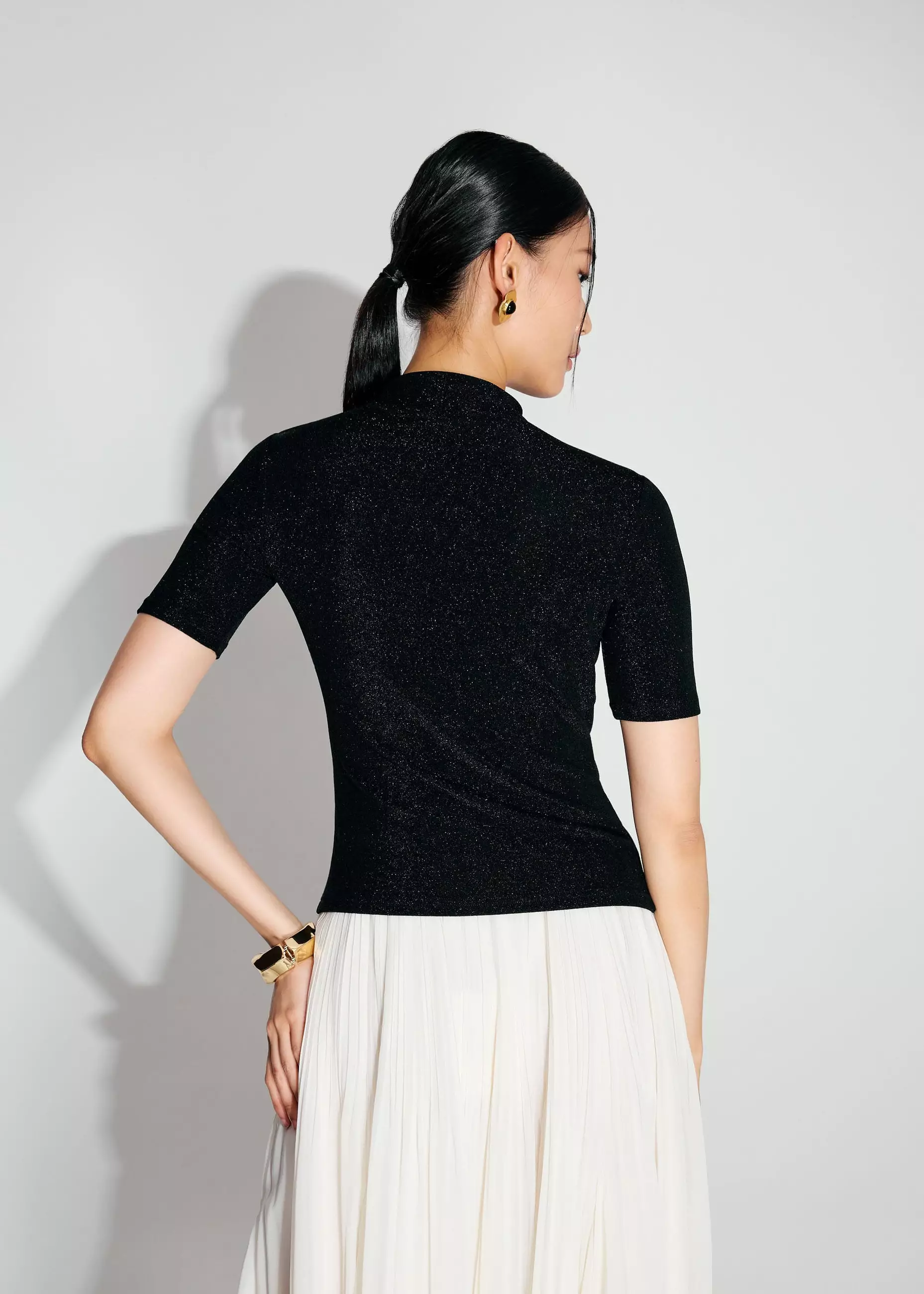 Atasan Wanita - Lurex Jersey Cut Out Mock Neck Fitted Top